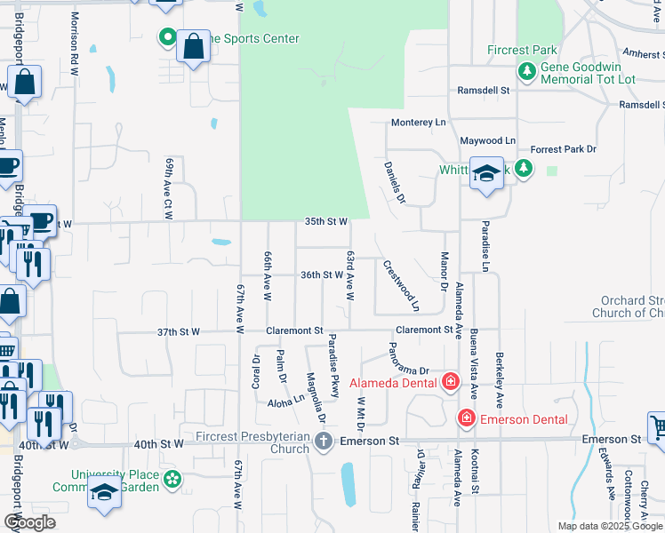 map of restaurants, bars, coffee shops, grocery stores, and more near 6308 36th Street West in University Place