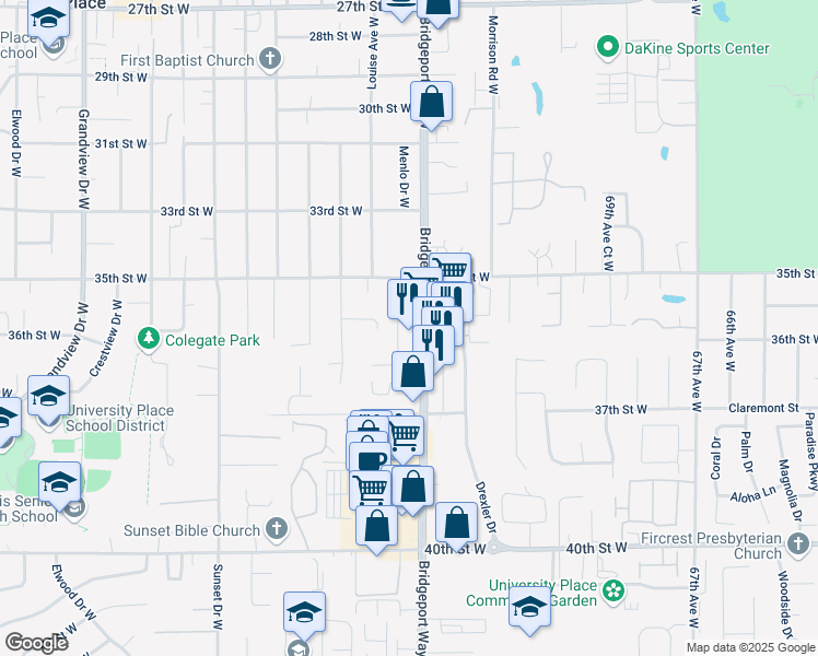 map of restaurants, bars, coffee shops, grocery stores, and more near 7621 36th Street Court West in University Place