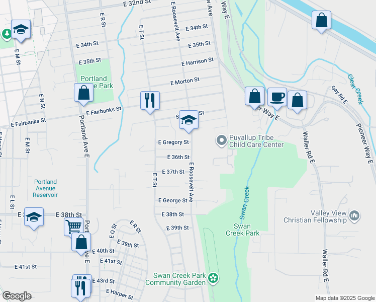 map of restaurants, bars, coffee shops, grocery stores, and more near 3574 East Roosevelt Avenue in Tacoma
