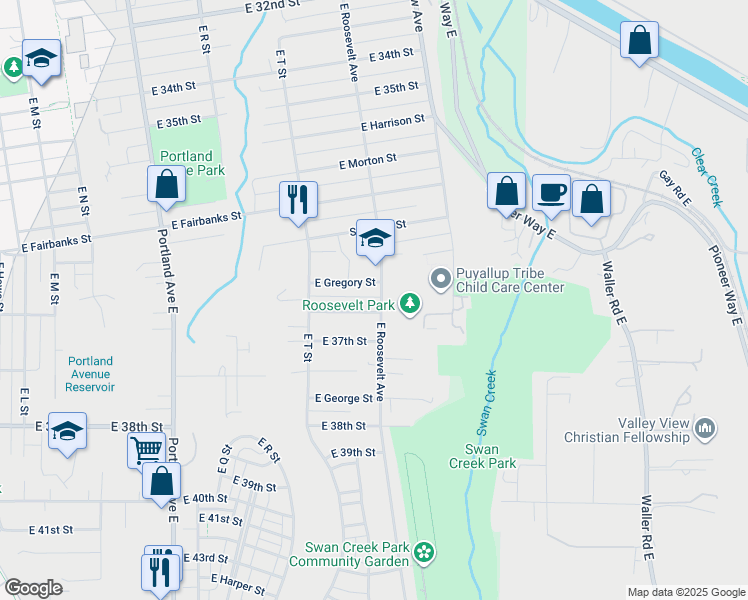 map of restaurants, bars, coffee shops, grocery stores, and more near 3574 East Roosevelt Avenue in Tacoma