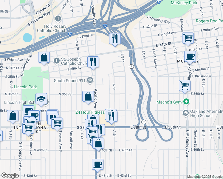 map of restaurants, bars, coffee shops, grocery stores, and more near 3594 A Street in Tacoma