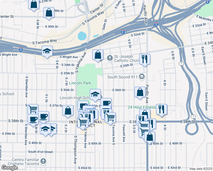 map of restaurants, bars, coffee shops, grocery stores, and more near 3571 South G Street in Tacoma