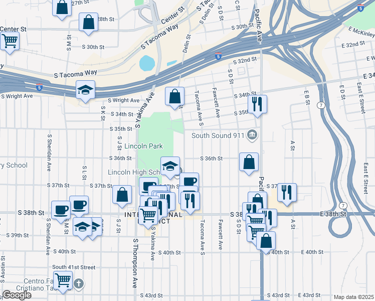 map of restaurants, bars, coffee shops, grocery stores, and more near 3571 South G Street in Tacoma