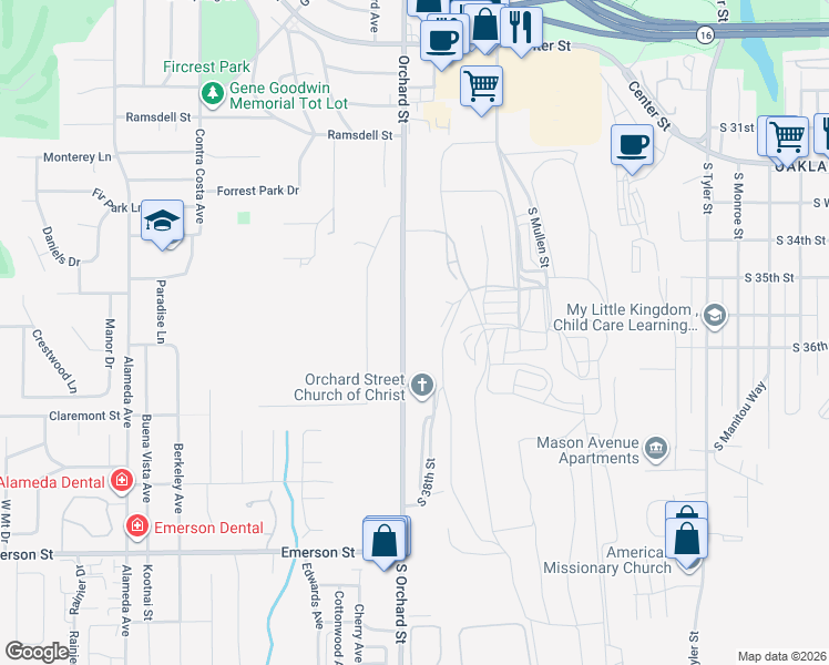 map of restaurants, bars, coffee shops, grocery stores, and more near 3505 South Orchard Street in Tacoma