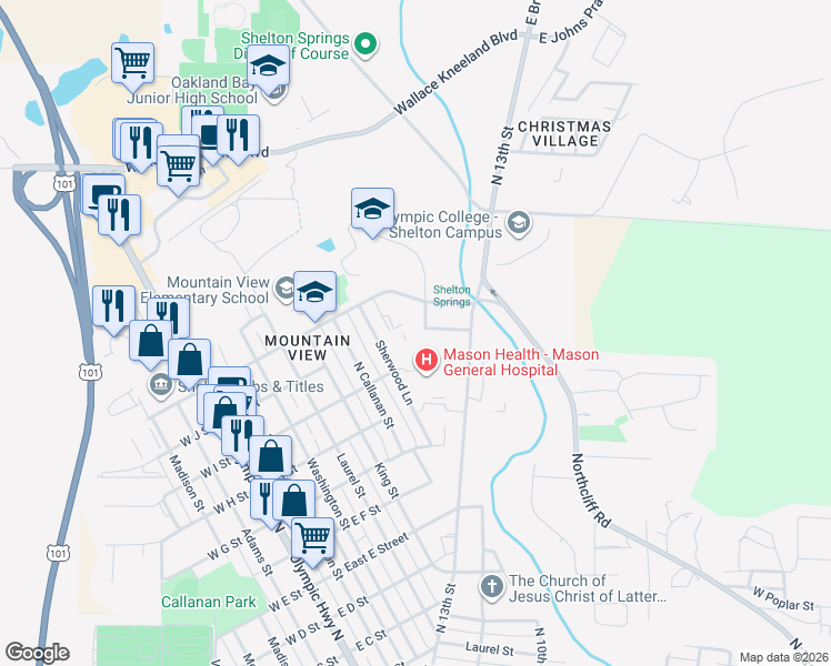 map of restaurants, bars, coffee shops, grocery stores, and more near 729 Mountain View Drive in Shelton
