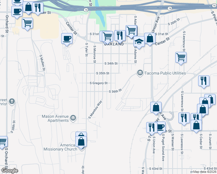map of restaurants, bars, coffee shops, grocery stores, and more near 3518 South Madison Street in Tacoma
