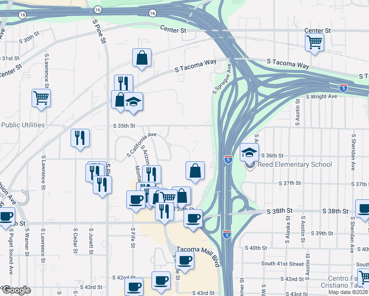 map of restaurants, bars, coffee shops, grocery stores, and more near 2302 South 35th Street in Tacoma
