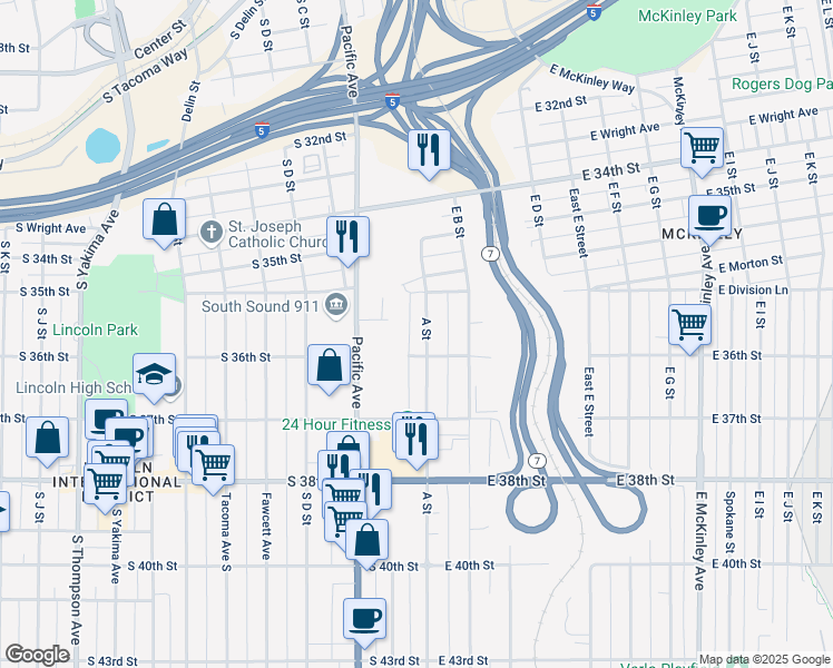 map of restaurants, bars, coffee shops, grocery stores, and more near 3576 A Street in Tacoma