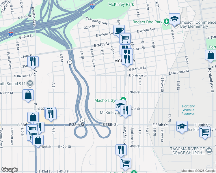 map of restaurants, bars, coffee shops, grocery stores, and more near 3574 East F Street in Tacoma