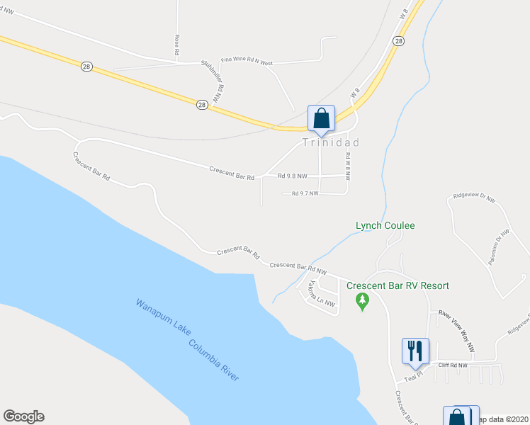 map of restaurants, bars, coffee shops, grocery stores, and more near 9769 Crescent Bar Road Northwest in Quincy