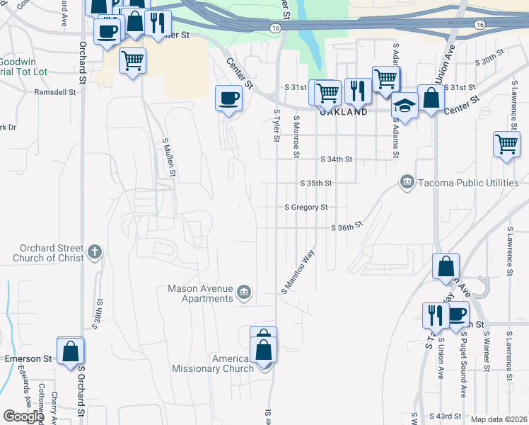 map of restaurants, bars, coffee shops, grocery stores, and more near 4219 South Gregory Street in Tacoma