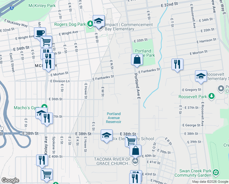 map of restaurants, bars, coffee shops, grocery stores, and more near 7311 East N Street in Tacoma