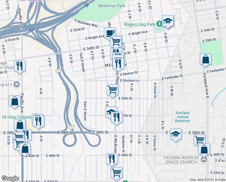 map of restaurants, bars, coffee shops, grocery stores, and more near 3574 McKinley Avenue in Tacoma