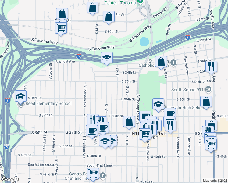 map of restaurants, bars, coffee shops, grocery stores, and more near 3514 South K Street in Tacoma