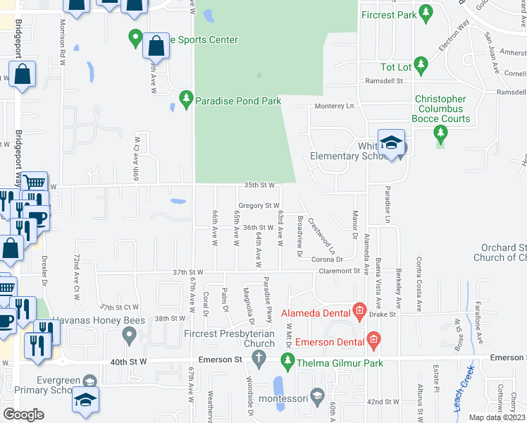map of restaurants, bars, coffee shops, grocery stores, and more near 3520 63rd Avenue West in Fircrest