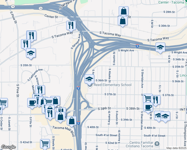map of restaurants, bars, coffee shops, grocery stores, and more near 3515 South Ash Street in Tacoma