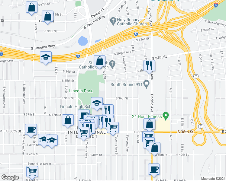 map of restaurants, bars, coffee shops, grocery stores, and more near 3569 Tacoma Avenue South in Tacoma