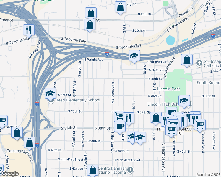 map of restaurants, bars, coffee shops, grocery stores, and more near 3514 South Sheridan Avenue in Tacoma