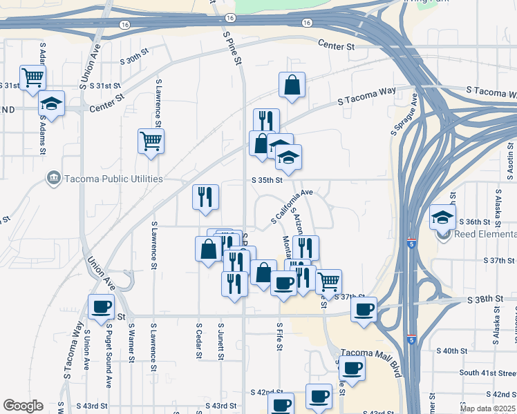 map of restaurants, bars, coffee shops, grocery stores, and more near 35 Nevada Avenue in Tacoma