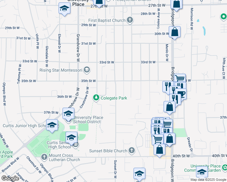 map of restaurants, bars, coffee shops, grocery stores, and more near 3512 Sunset Drive West in University Place