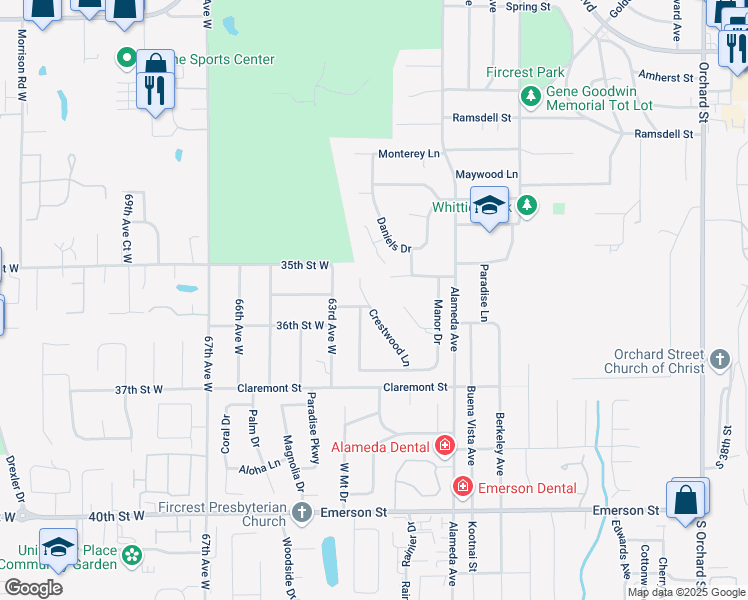 map of restaurants, bars, coffee shops, grocery stores, and more near 1036 Rosewood Lane in Fircrest