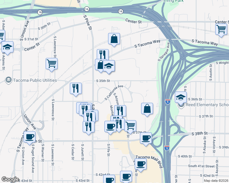 map of restaurants, bars, coffee shops, grocery stores, and more near 79 South California Avenue in Tacoma