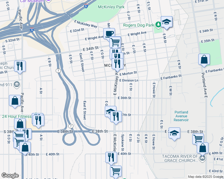 map of restaurants, bars, coffee shops, grocery stores, and more near 3574 McKinley Avenue in Tacoma