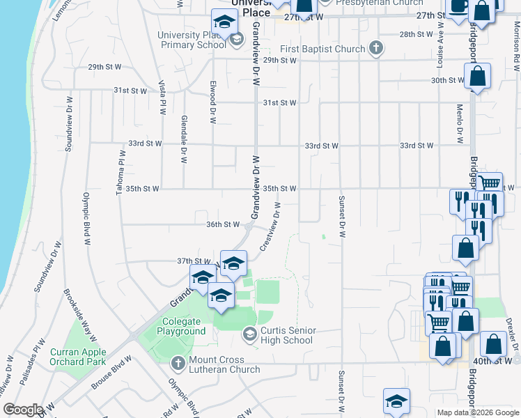 map of restaurants, bars, coffee shops, grocery stores, and more near 3515 Grandview Drive West in University Place