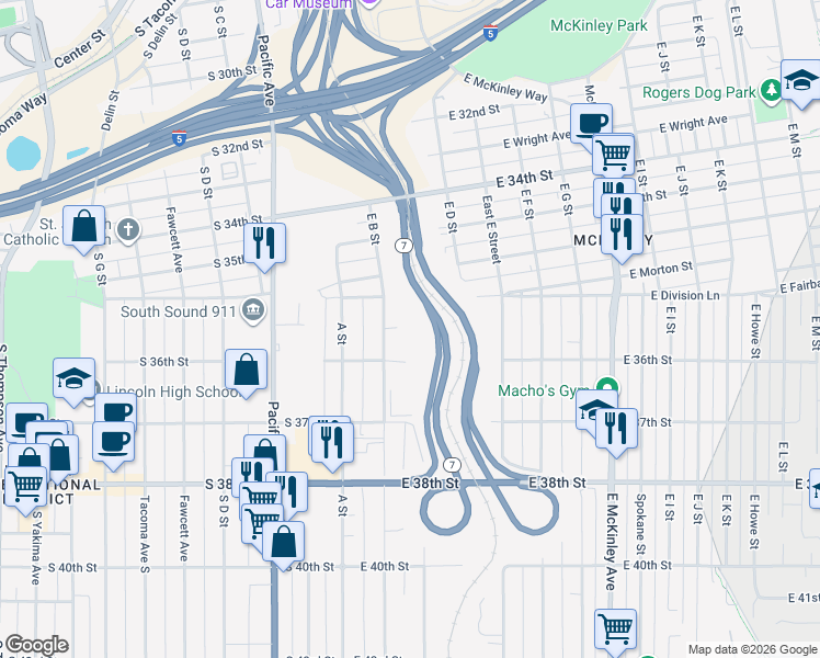 map of restaurants, bars, coffee shops, grocery stores, and more near 219 E Division Ct in Tacoma