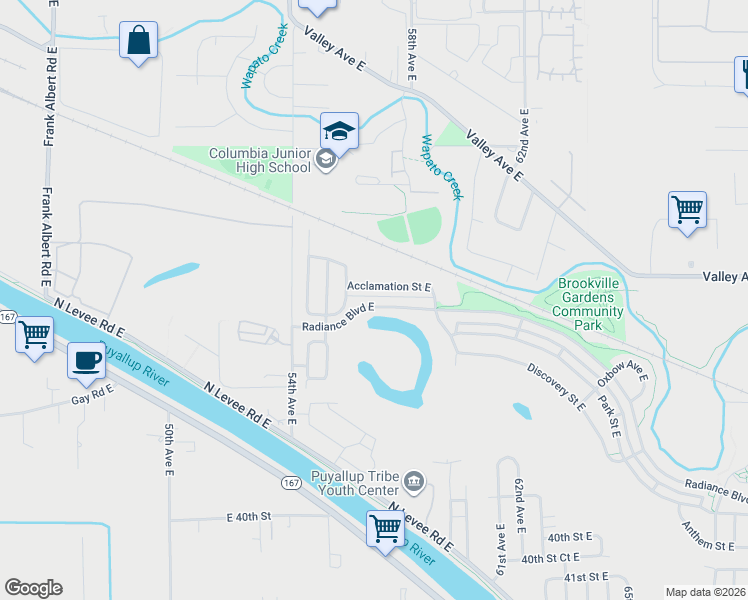 map of restaurants, bars, coffee shops, grocery stores, and more near 5647 Radiance Boulevard East in Fife