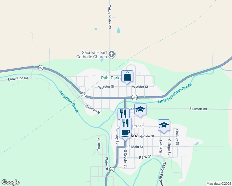 map of restaurants, bars, coffee shops, grocery stores, and more near 501-547 Washington St in Tekoa