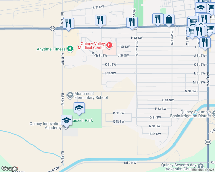 map of restaurants, bars, coffee shops, grocery stores, and more near 924 s M Loop Dr in Quincy