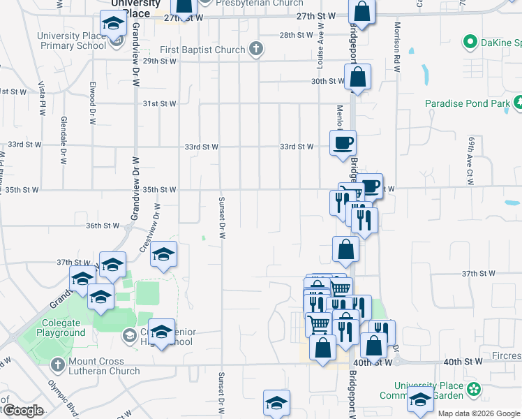 map of restaurants, bars, coffee shops, grocery stores, and more near 3515 79th Avenue West in University Place