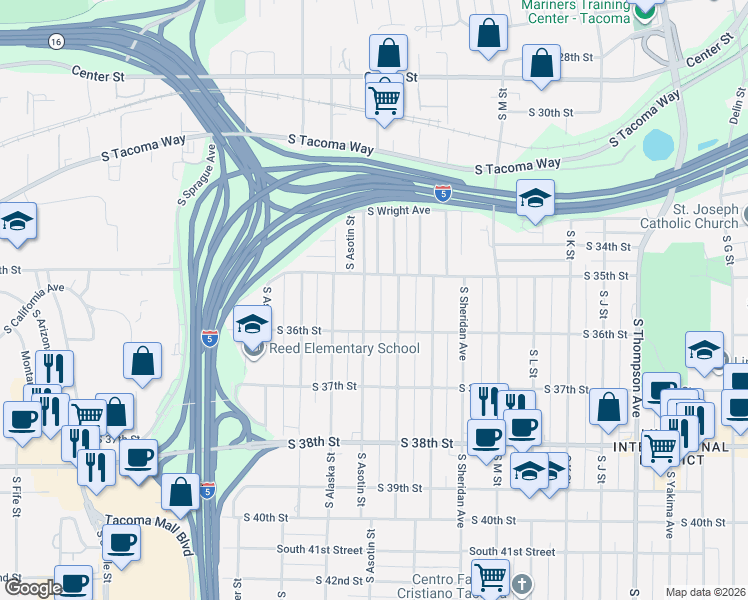 map of restaurants, bars, coffee shops, grocery stores, and more near 3516 South Ainsworth Avenue in Tacoma