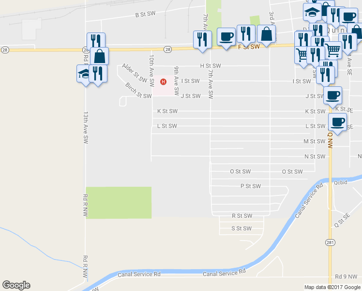 map of restaurants, bars, coffee shops, grocery stores, and more near 7 K Street Southwest in Quincy