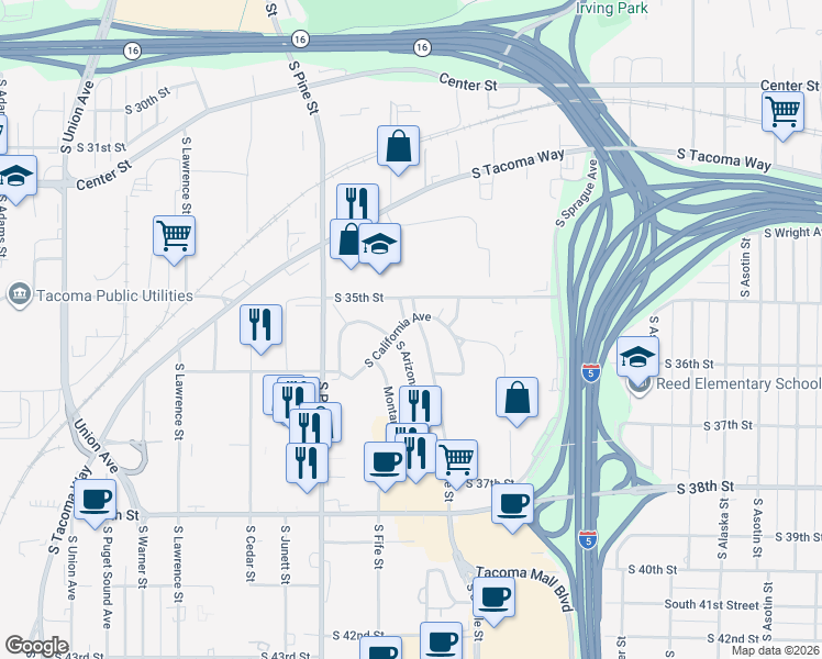 map of restaurants, bars, coffee shops, grocery stores, and more near 79 South California Avenue in Tacoma