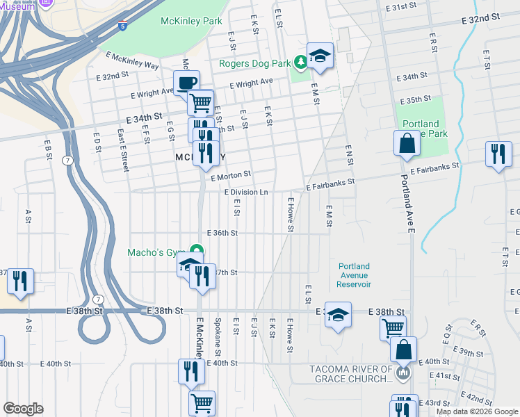 map of restaurants, bars, coffee shops, grocery stores, and more near 3574 East K Street in Tacoma
