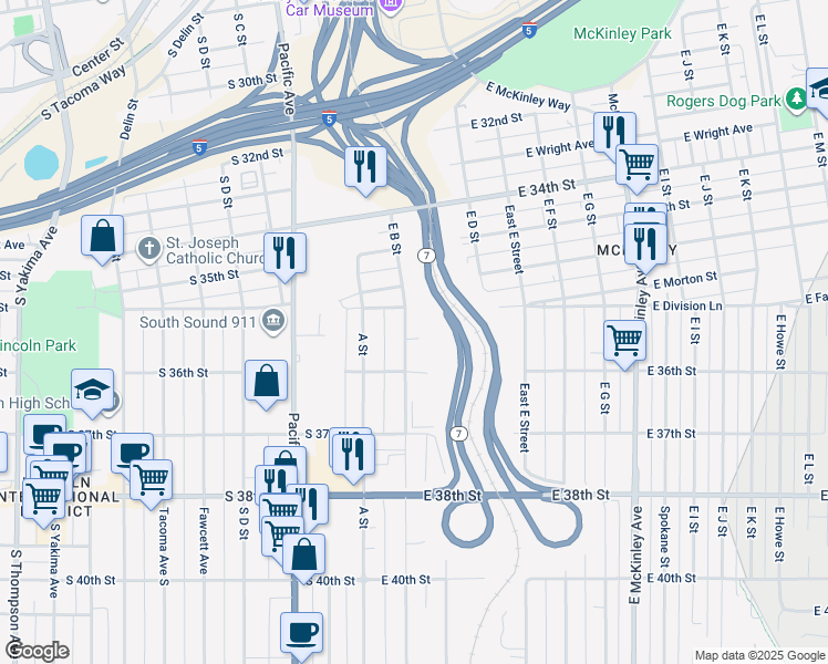 map of restaurants, bars, coffee shops, grocery stores, and more near 3574 East B Street in Tacoma