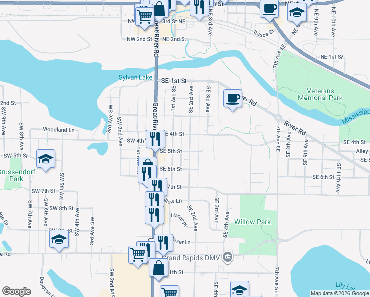 map of restaurants, bars, coffee shops, grocery stores, and more near 105 Southeast 5th Street in Grand Rapids