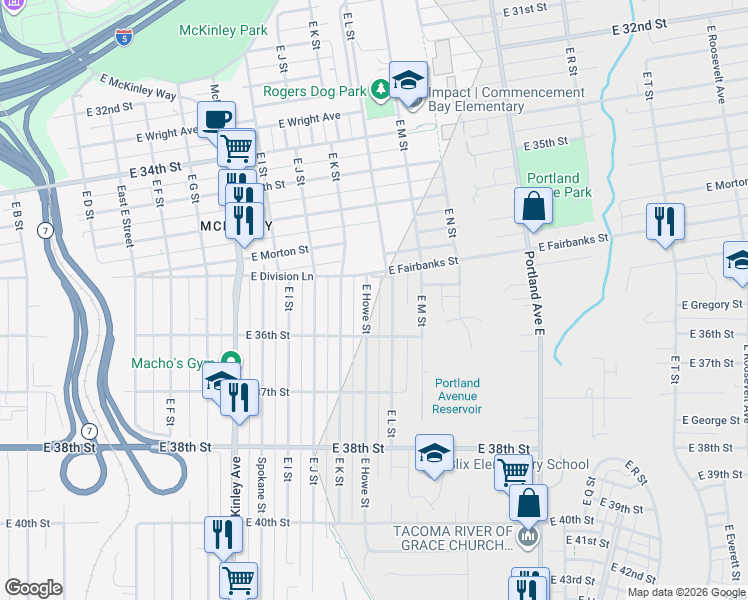 map of restaurants, bars, coffee shops, grocery stores, and more near 3575 East Howe Street in Tacoma