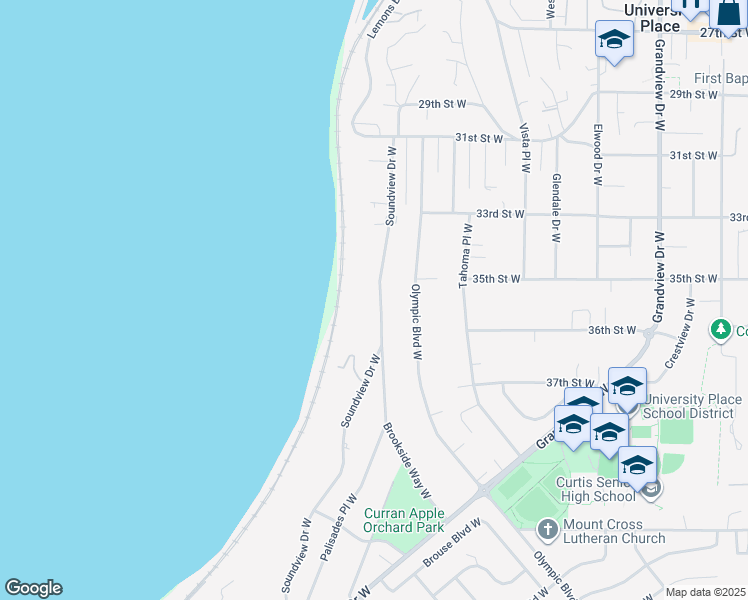 map of restaurants, bars, coffee shops, grocery stores, and more near 3510 Soundview Drive West in University Place