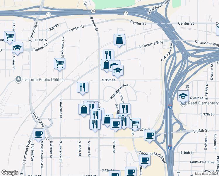 map of restaurants, bars, coffee shops, grocery stores, and more near 35 Nevada Avenue in Tacoma