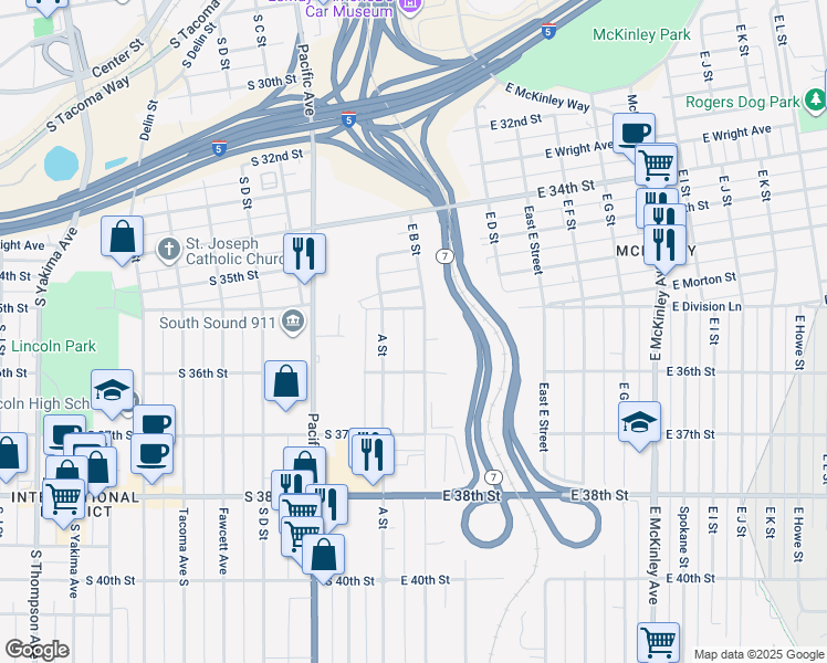 map of restaurants, bars, coffee shops, grocery stores, and more near 3574 East B Street in Tacoma