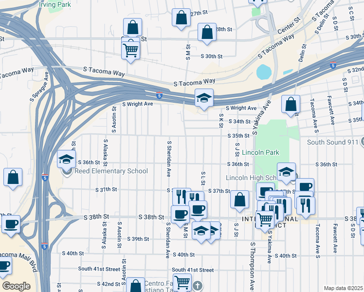 map of restaurants, bars, coffee shops, grocery stores, and more near 3514 South M Street in Tacoma