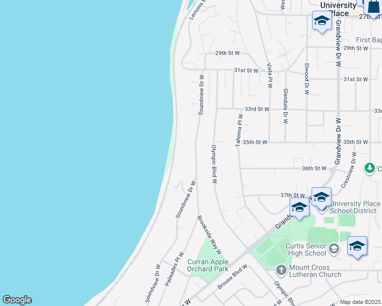 map of restaurants, bars, coffee shops, grocery stores, and more near 3510 Soundview Drive West in University Place