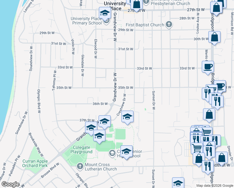 map of restaurants, bars, coffee shops, grocery stores, and more near 3515 Grandview Drive West in University Place