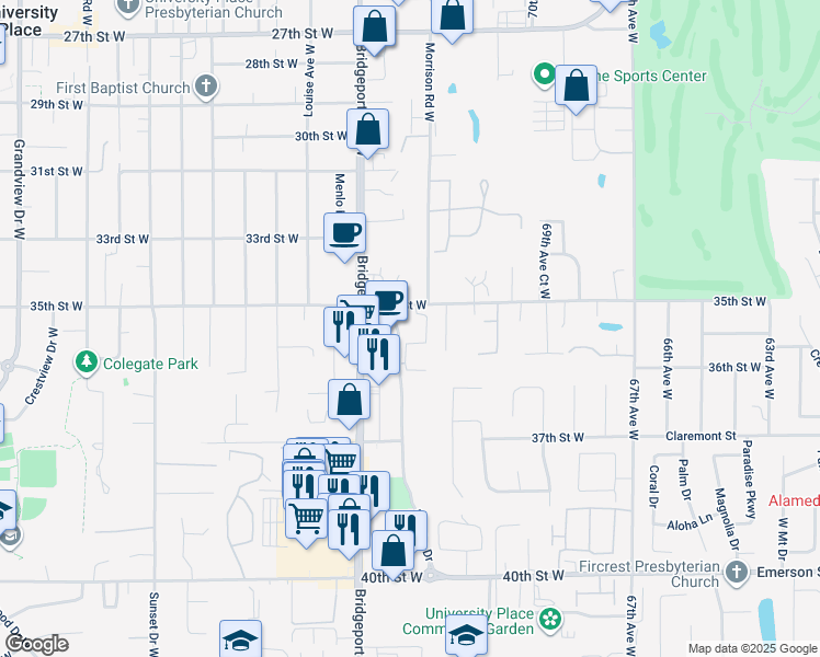 map of restaurants, bars, coffee shops, grocery stores, and more near 3517 73rd Avenue Court West in University Place