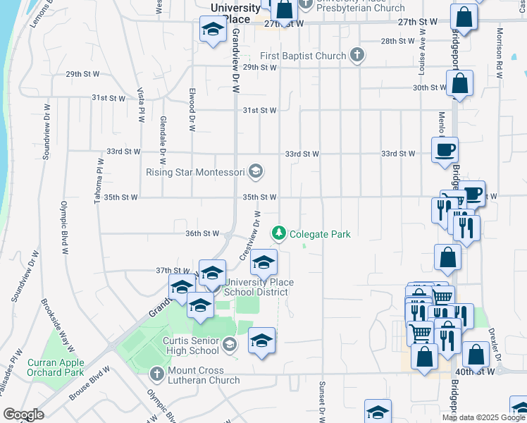 map of restaurants, bars, coffee shops, grocery stores, and more near 3511 Crestview Drive West in University Place