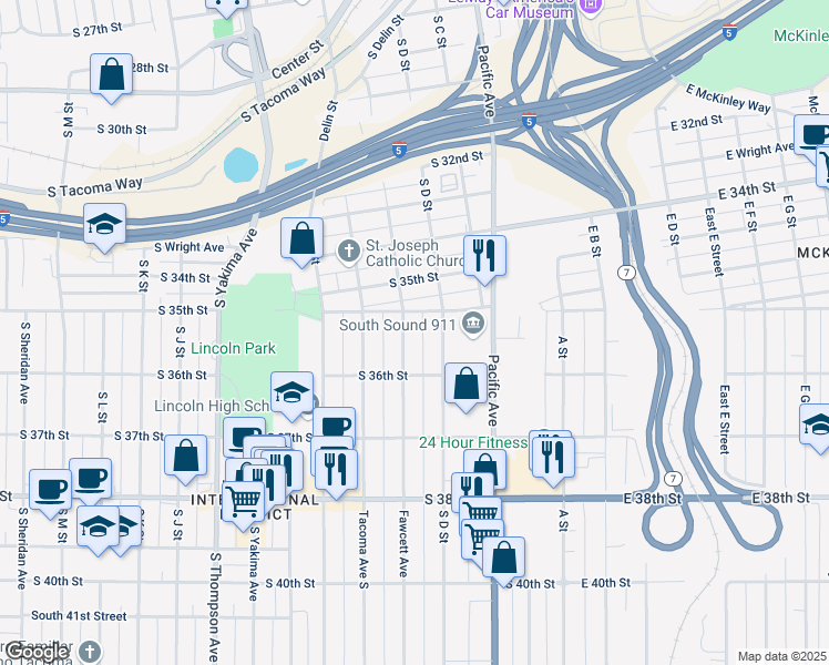 map of restaurants, bars, coffee shops, grocery stores, and more near 3575 Fawcett Avenue in Tacoma