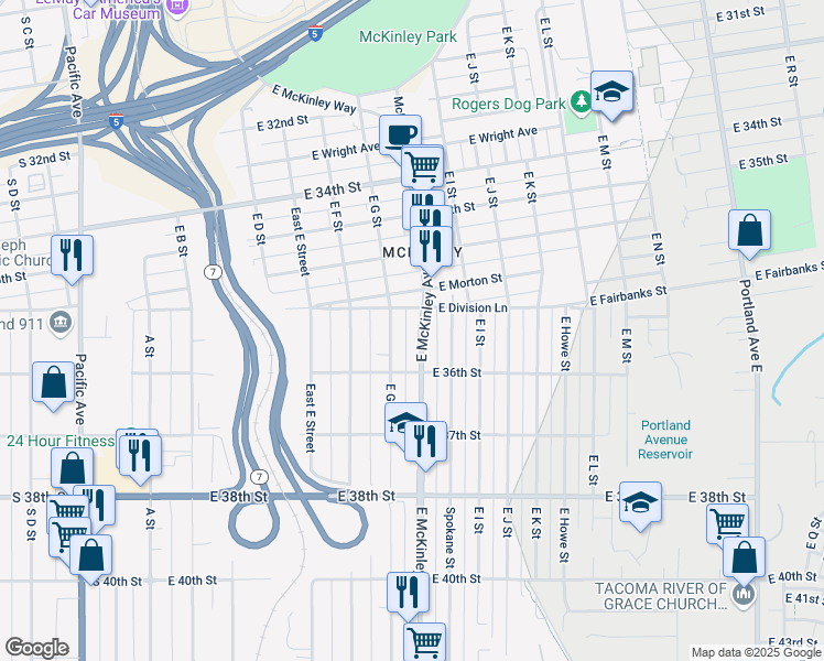 map of restaurants, bars, coffee shops, grocery stores, and more near 3574 Mckinley Ave in Tacoma